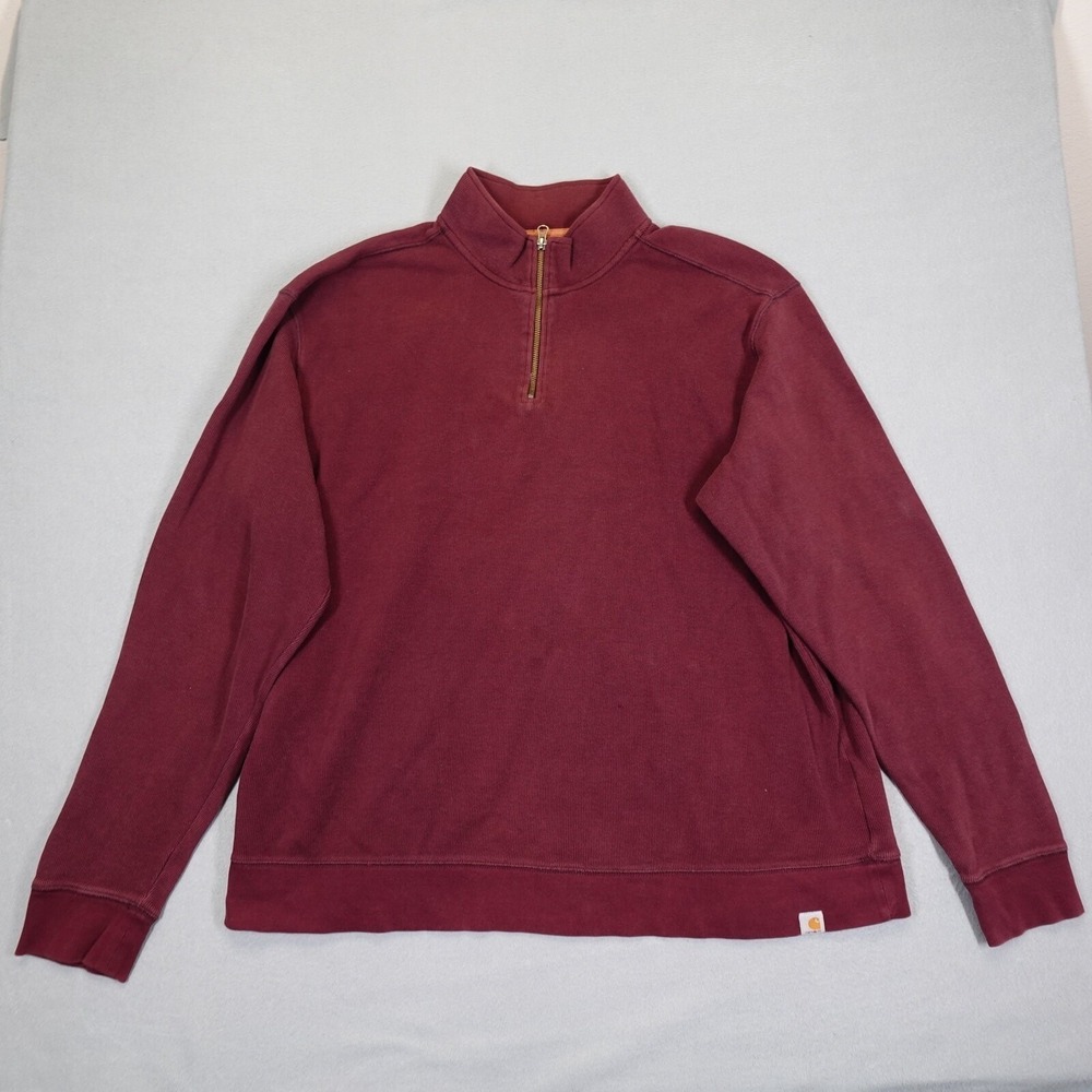 Carhartt Pullover Mens 2XL Burgundy Ribbed Cotton Sweatshirt Quarter Zip